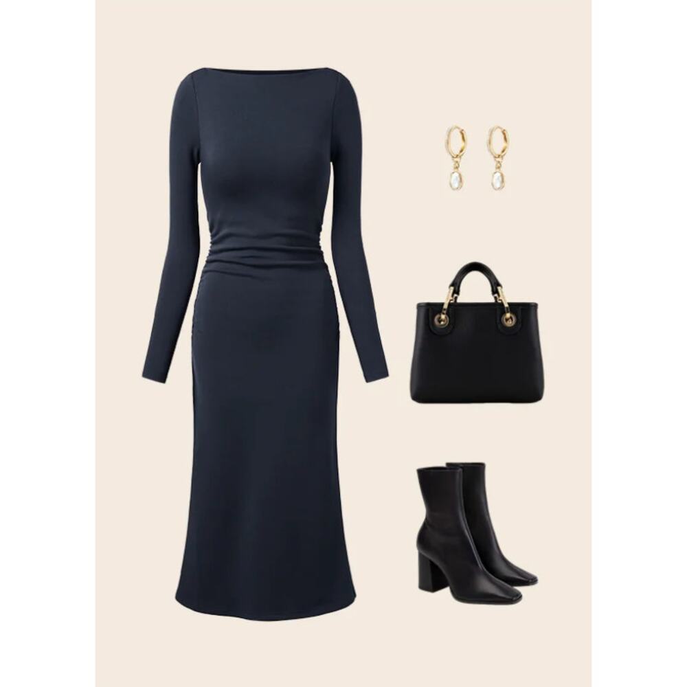 OGL Thermal Boatneck Ruched Sides Brami Midi Dress SIZE L COLOR INK BLUE - Picture 2 of 2